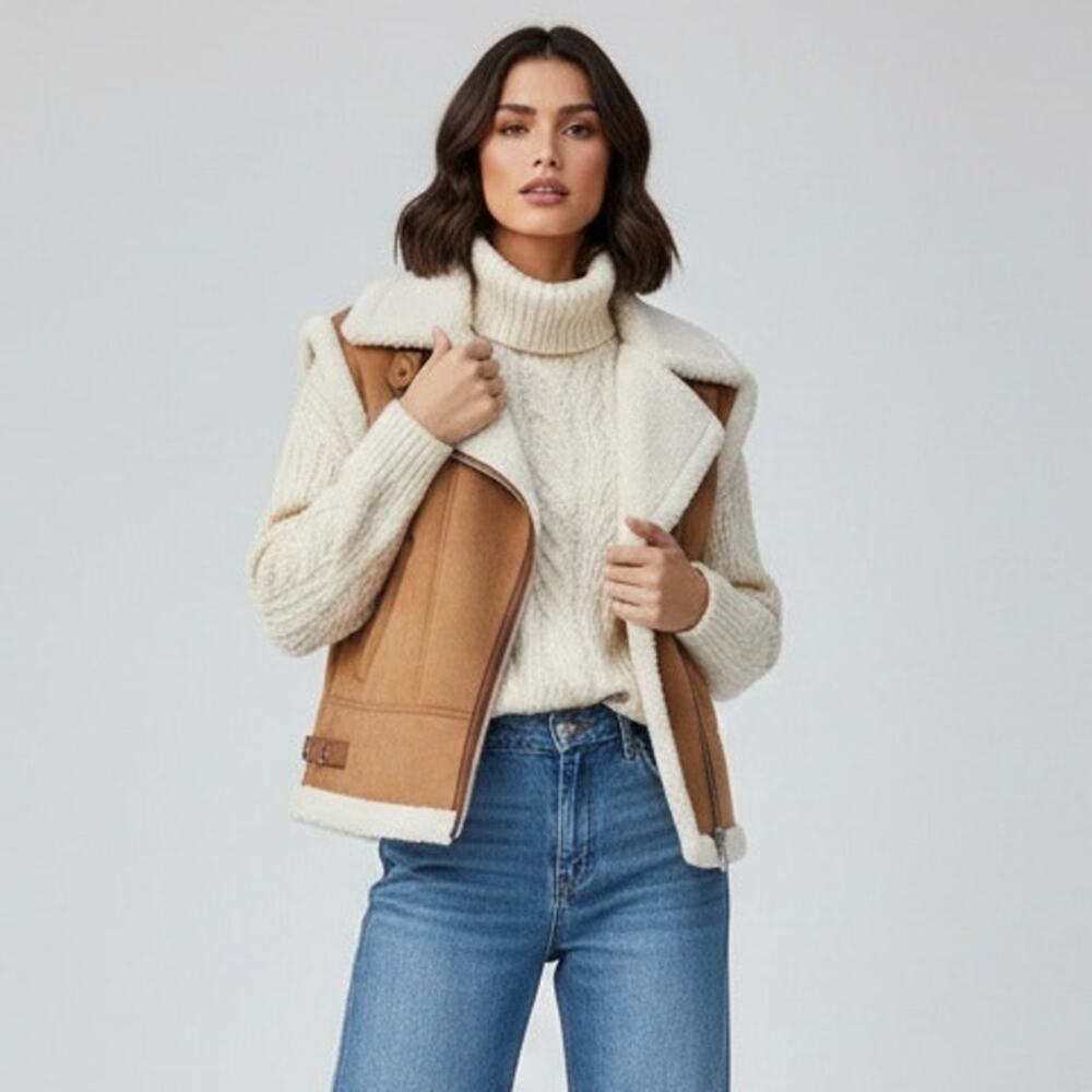 ZARA Double Faced Faux Shearling Moto Vest Suede Aviator Teddy Fleece M